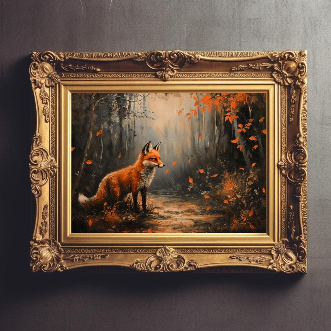 Red Fox in Autumn Forest with Falling Orange Leaves Moody Painting Poster - Image 3