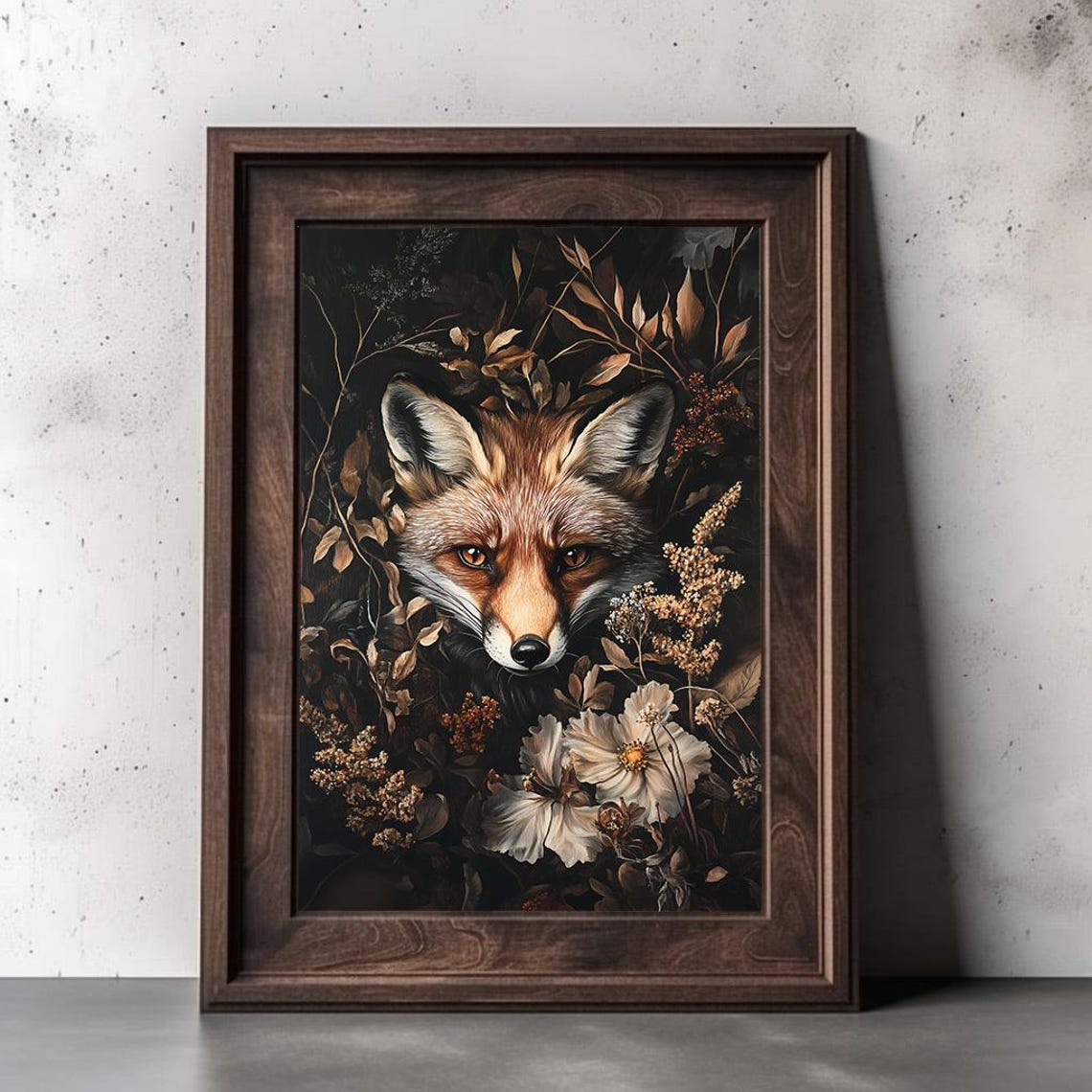 Red Fox Dark Botanical Golden Foliage Wildflower Forest Art Poster - Image 2