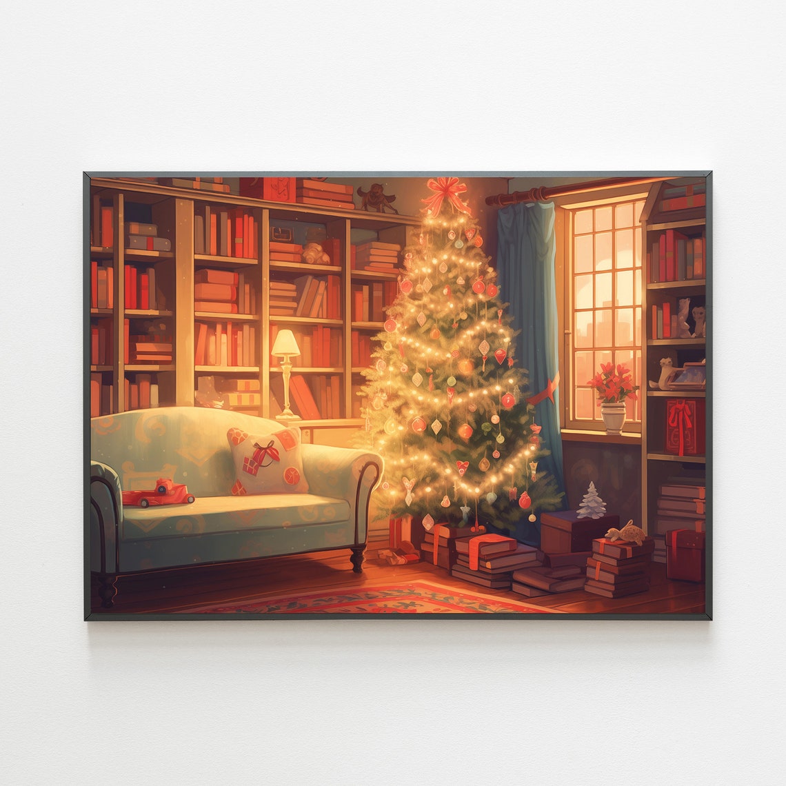 Warm Christmas Living Room Library With Glowing Lit Tree Poster