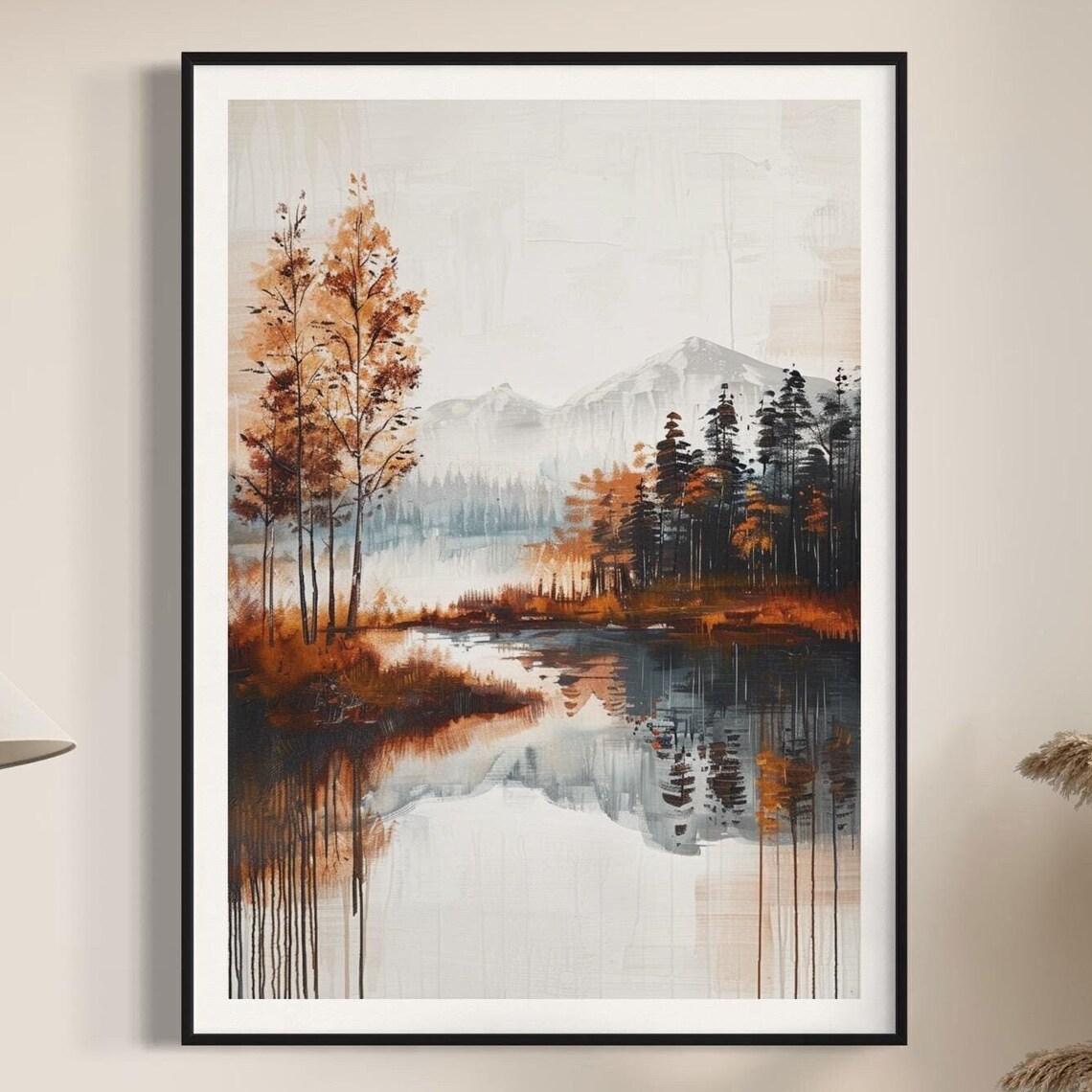 Minimalist Autumn Mountain Lake Reflection Watercolor Art Print