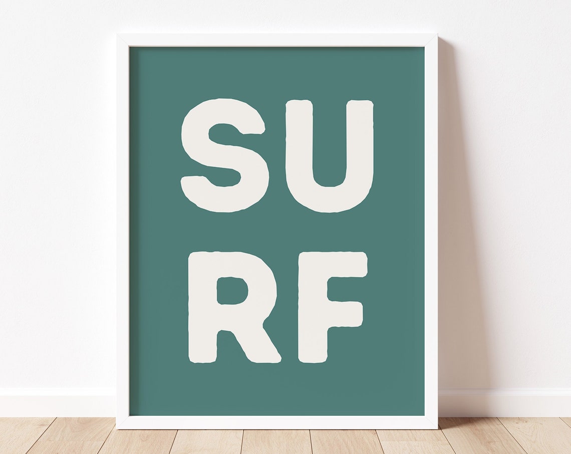 Surf Split Block White on Teal Framed Poster for Boys Bedroom Wall