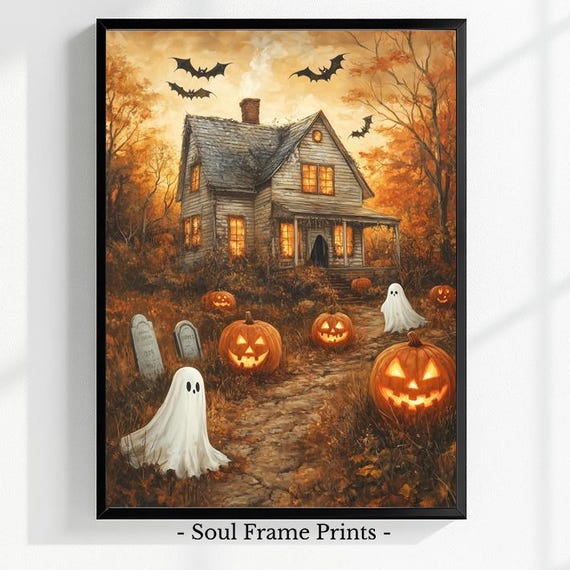 Haunted Farmhouse Halloween Wall Art Spooky Ghosts And Pumpkins Print Vintage Autumn Decor House Illustration Rustic Fall 552