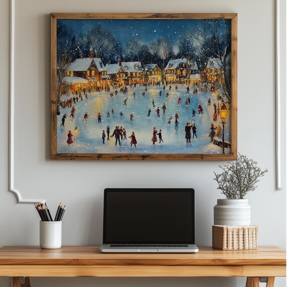 Winter Village Ice Skating Night Snowy Holiday Gathering Poster