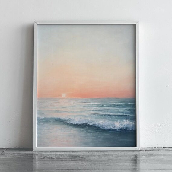 Pastel Ocean Sunrise Over Gentle Rolling Waves Serene Art Poster