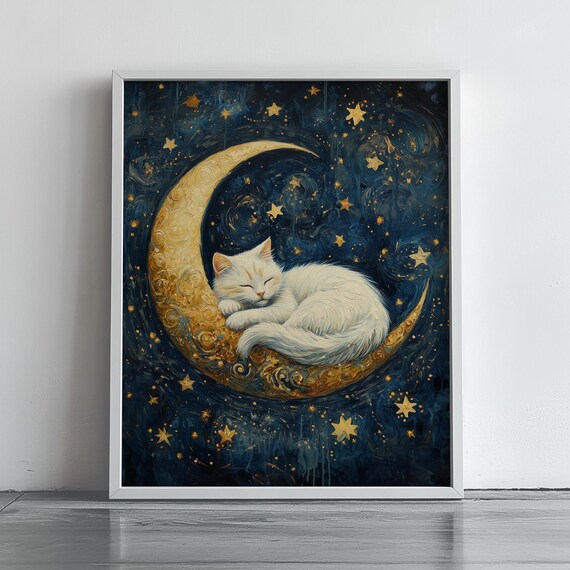 White Cat Sleeping On Golden Crescent Moon Starry Night Poster