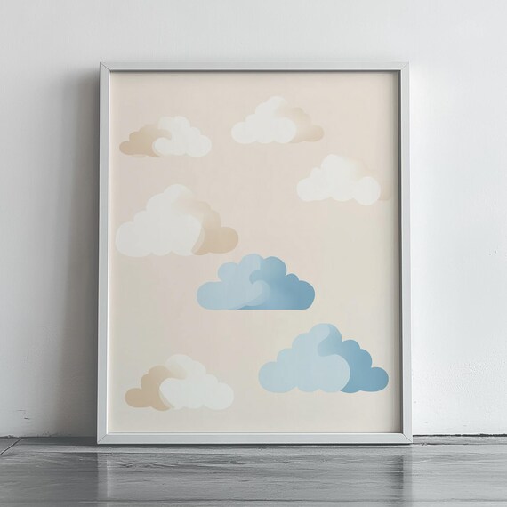 Minimalist Blue And Beige Cloud Wall Art Decor Floating Dreamy Sky Warm Pastel Tones Relaxing Nursery 309
