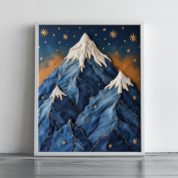 Starry Night Stitched Mountain Landscape Fabric Style Art Poster