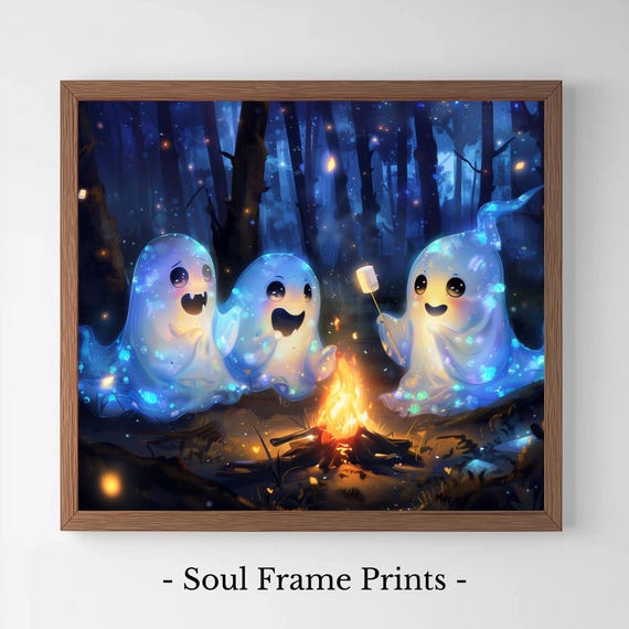 Iridescent Ghosts Forest Campfire Halloween Night Scene Enchanting Spooky Decor Giggling Wall Art 113