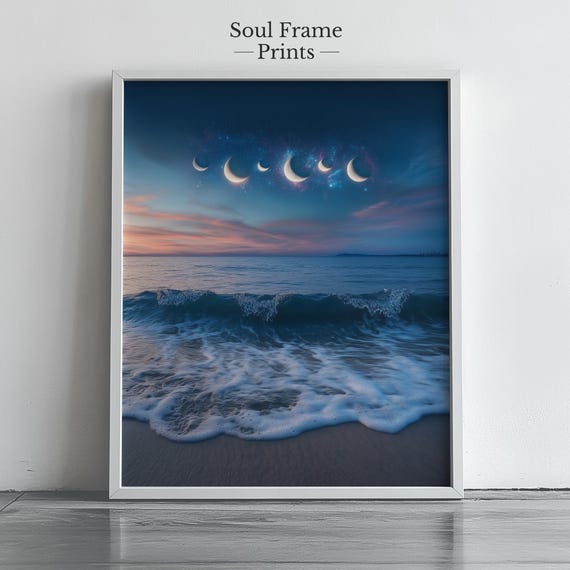 Moon Phase Ocean Wall Art Celestial Beach Sunset Print Cosmic Wave Decor Mystical Surreal Sky Poster Spiritual Astrology Downloa 415