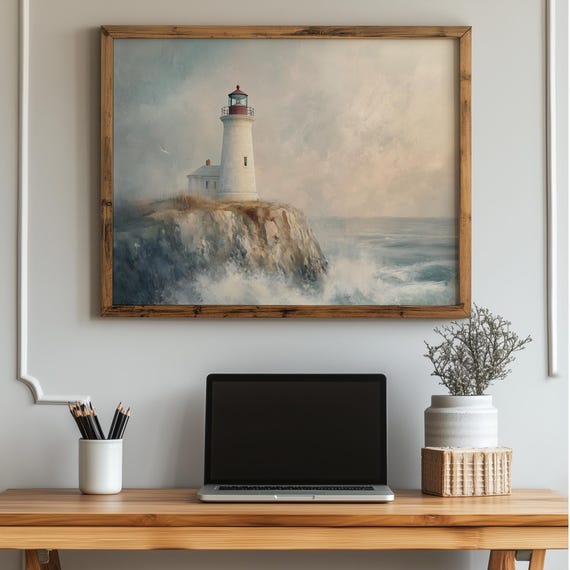 Rustic Lighthouse By The Sea Vintage Coastal Art Nautical Wall Decor Classic Scene Ocean Waves Painting 80