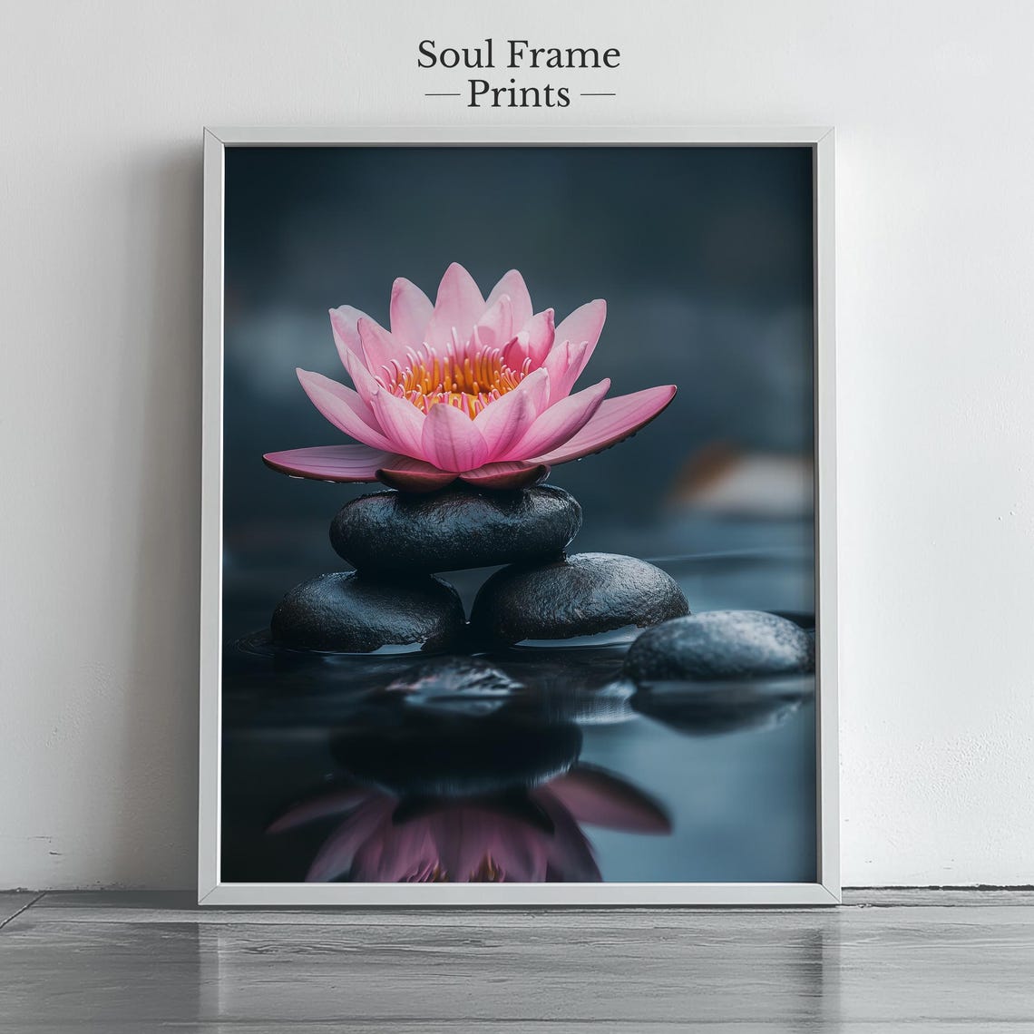 Pink Water Lily Bloom on Black Stones Zen Meditation Art Poster