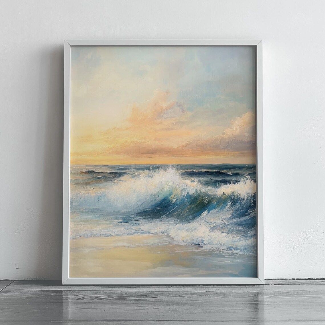 Ocean Wave Crashing At Sunrise Soft Pastel Seascape Painting Poster