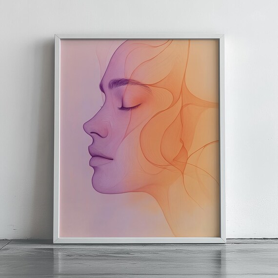 Abstract Woman Profile Line Art In Soft Pastel Pink Orange Poster