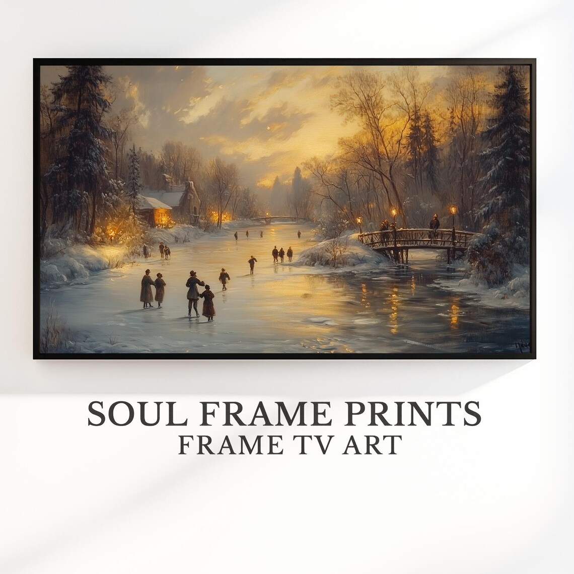 Victorian Ice Skaters on Frozen River Sunset Winter Scene Art Poster