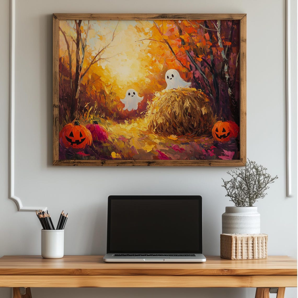 Halloween Cute Ghosts Pumpkins Autumn Forest Painting Poster