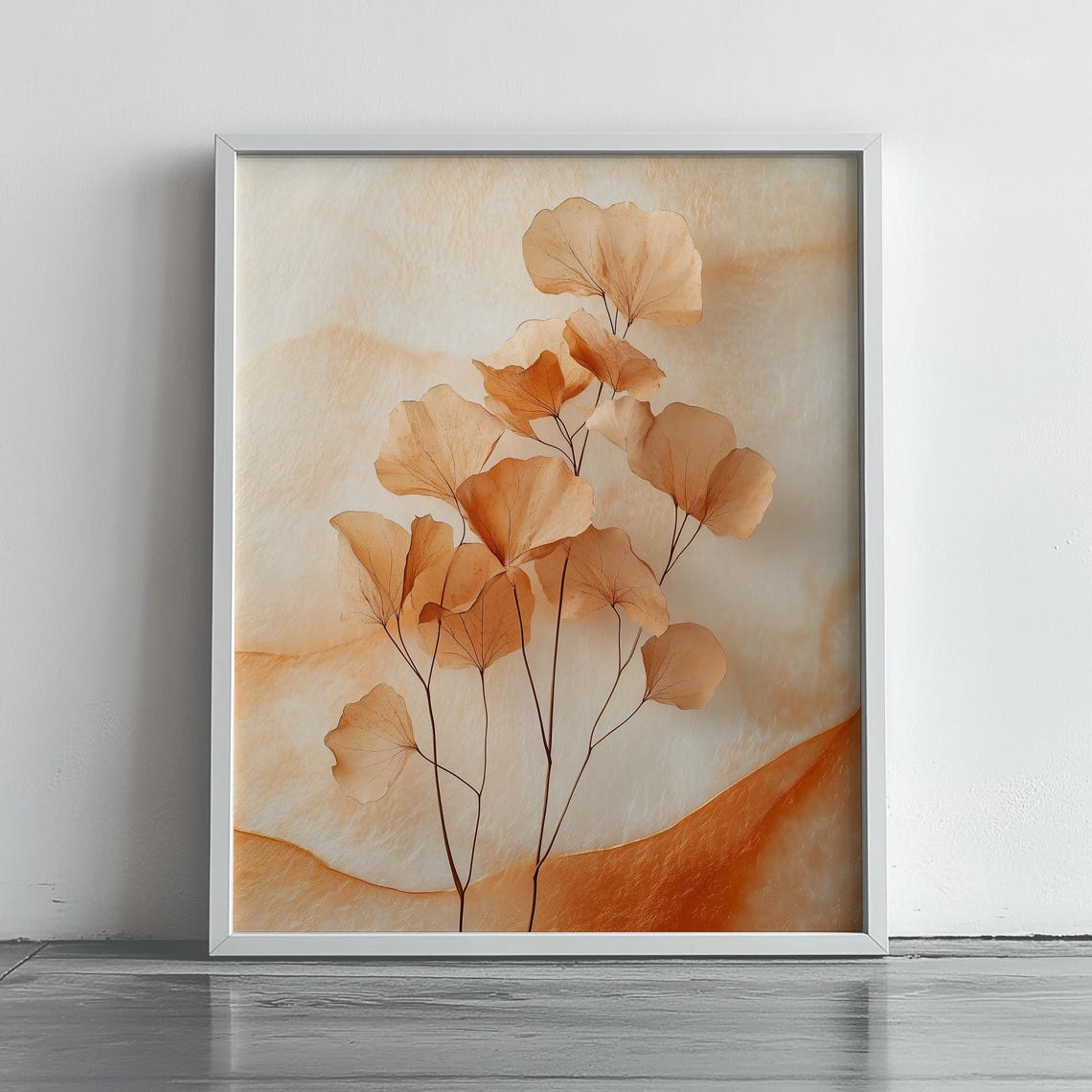 Minimalist Ginkgo Leaf Botanical Poster in Amber on Beige Texture
