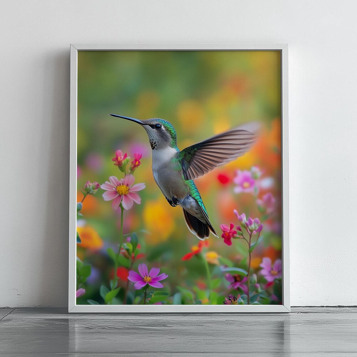 Vibrant Hummingbird Hovering Among Spring Wildflowers Poster