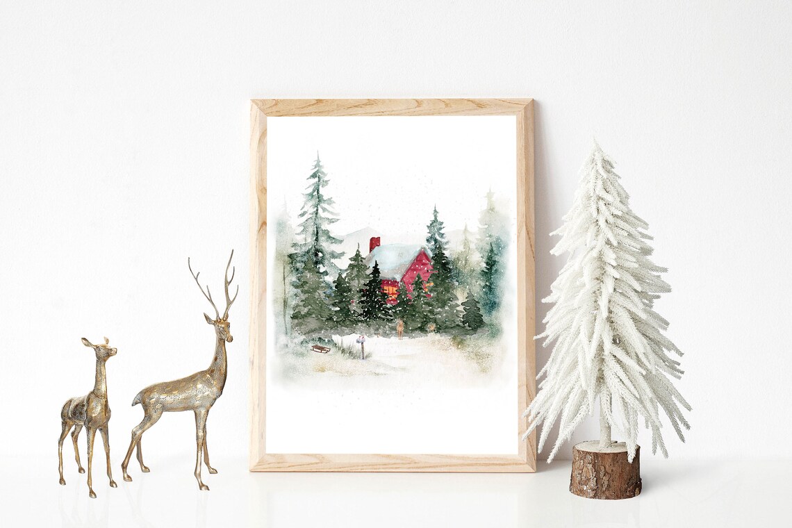 Cozy Red Cabin Glowing Windows Snowy Pine Forest Winter Watercolor Poster - Image 2