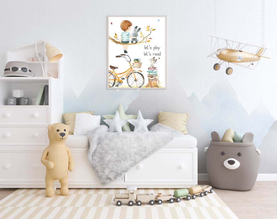 Lets Play Lets Read Boy Bunny Orange Bike Kids Playroom Poster - Image 3