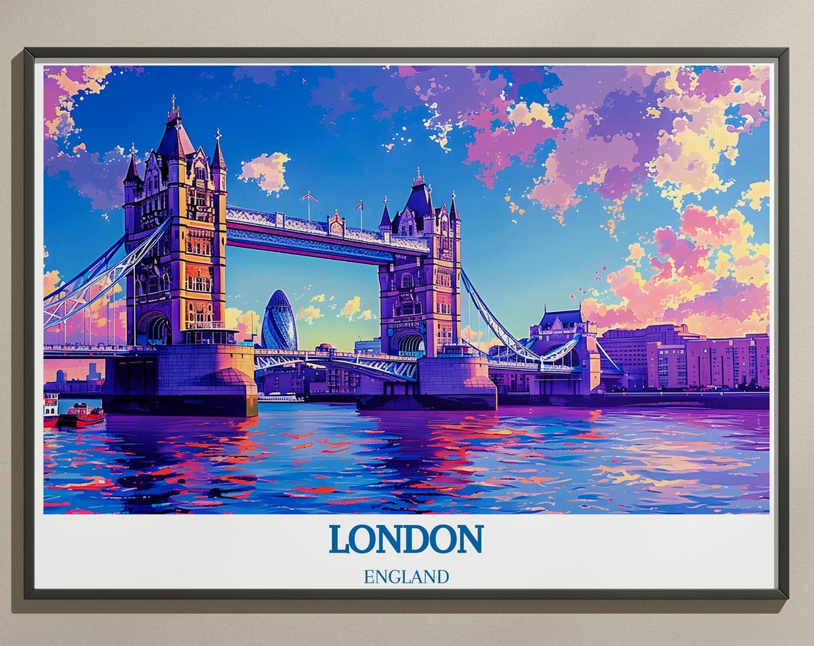 London England Tower Bridge Sunset Skyline Dramatic Landscape Poster