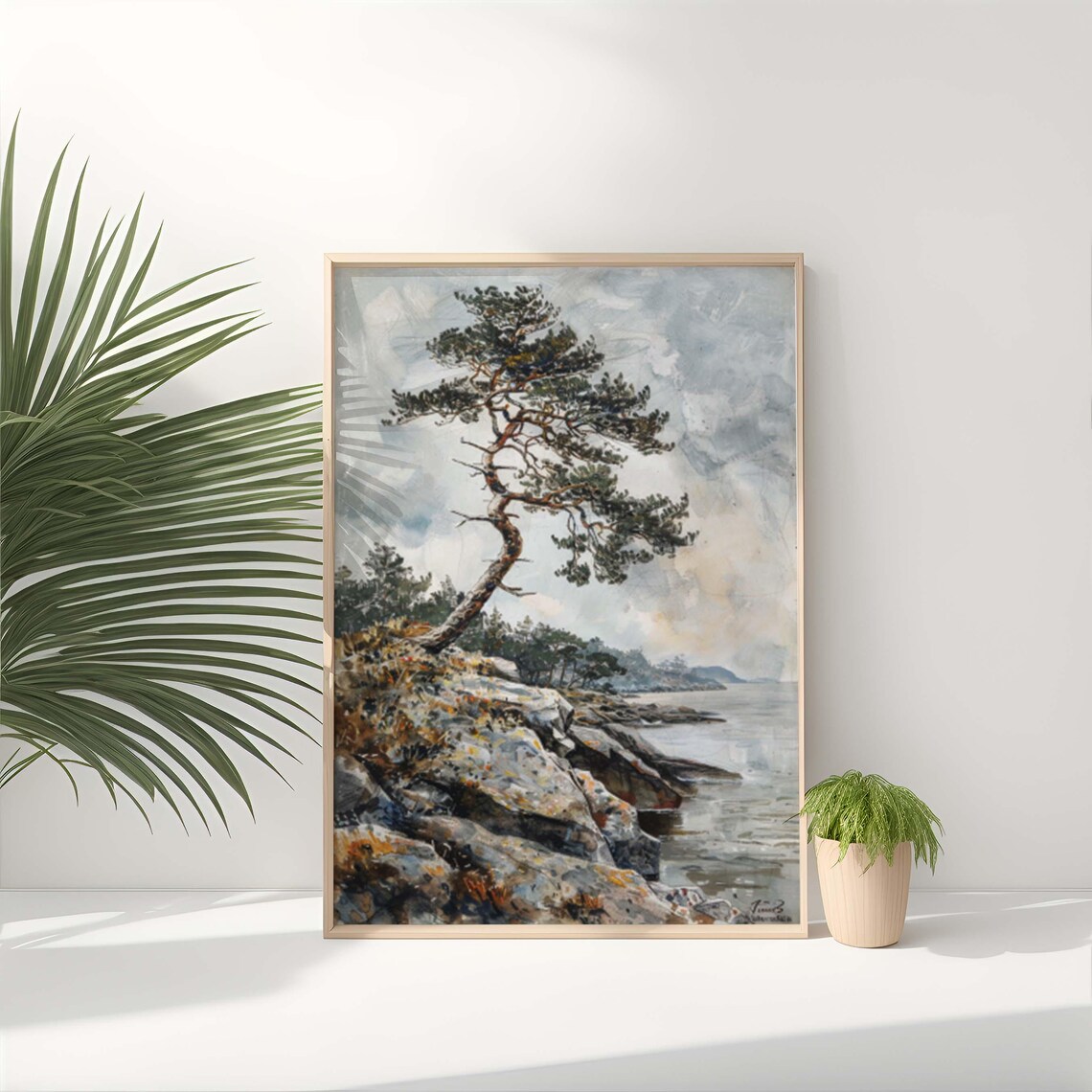 Cliffside Pine Painting, Minimalist Tree Portrait - Image 4