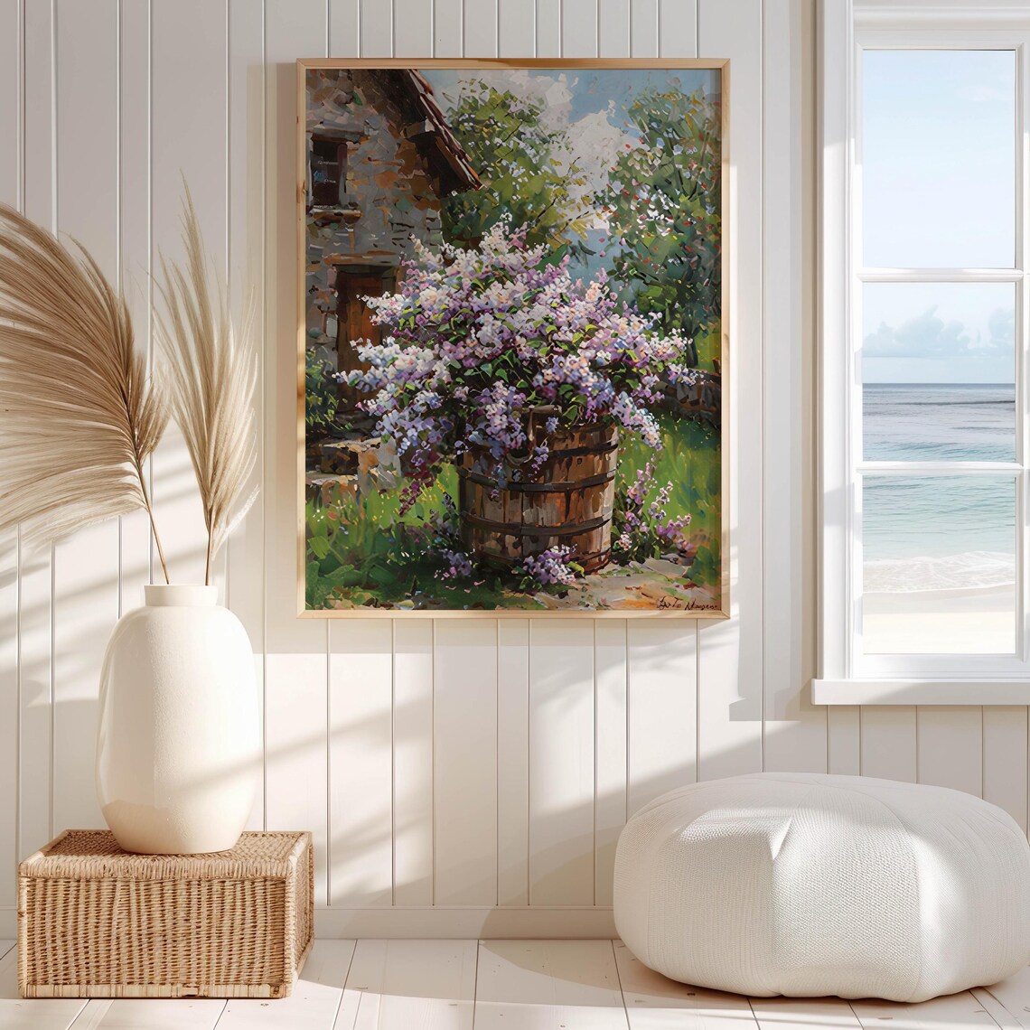 Overflowing Lilac Barrel at Rustic Cottage Doorway Art Poster - Image 5