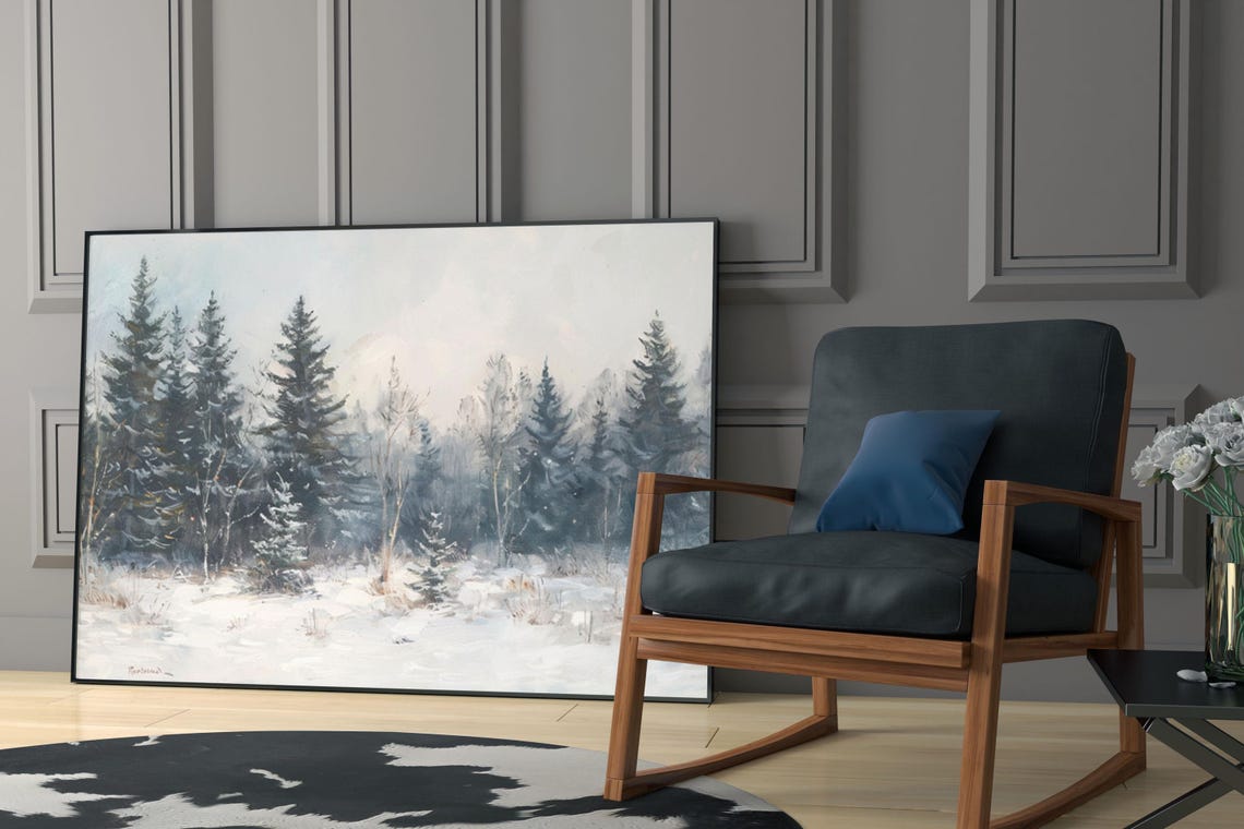 Snowy Pine and Birch Winter Woodland Watercolor Landscape Poster - Image 6