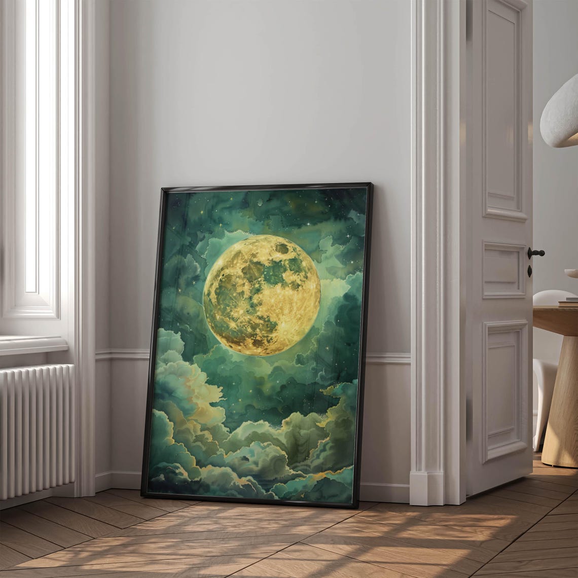 Golden Full Moon Glowing Through Teal Clouds Celestial Art Poster - Image 4