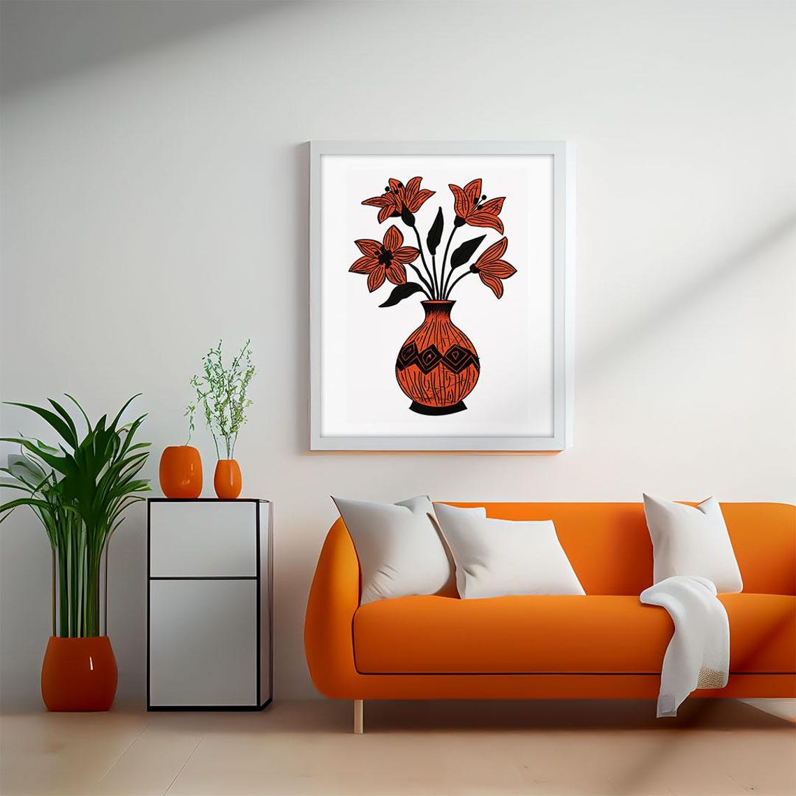 Orange Lilies in Tall Patterned Vase Rustic Botanical Line Art Poster - Image 2