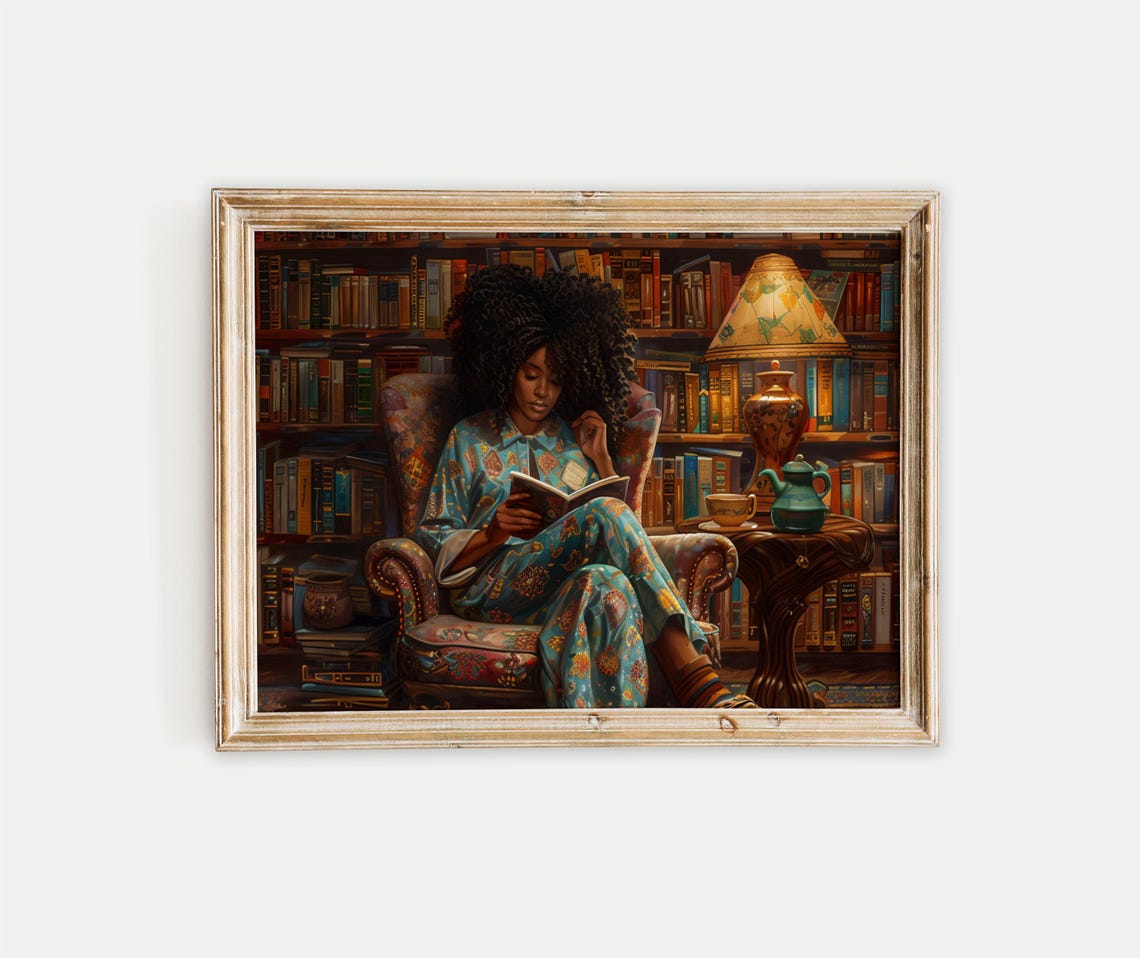 Woman Reading in Cozy Library Armchair Afrocentric Book Art Poster