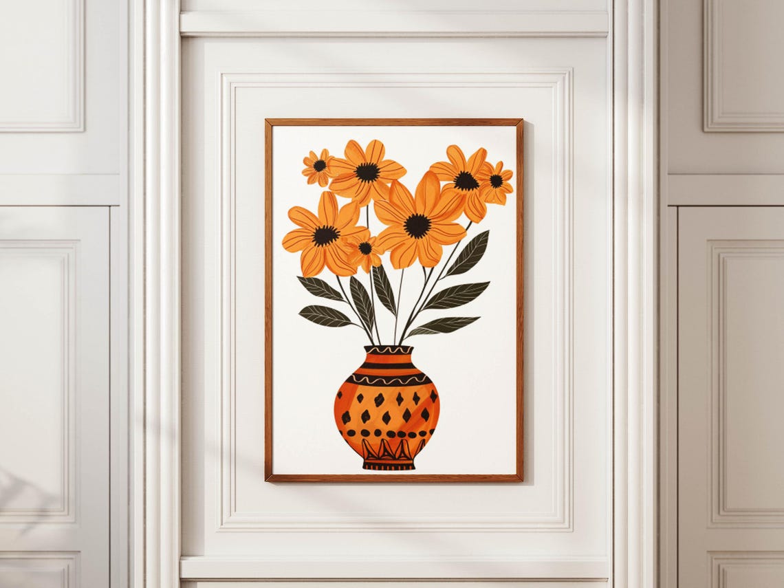 Bold Orange Daisies in a Patterned Terracotta Vase Boho Poster