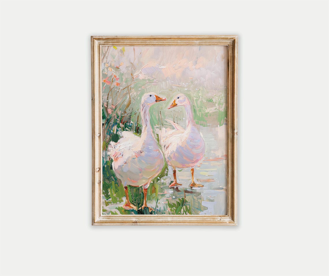 Two White Geese by the Water in Soft Pastel Impressionist Oil Poster