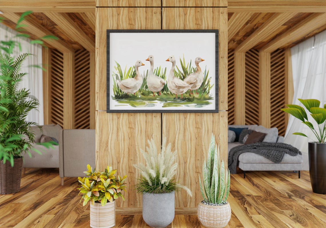 Four White Geese Standing Together in a Sunny Meadow Painting Poster - Image 4