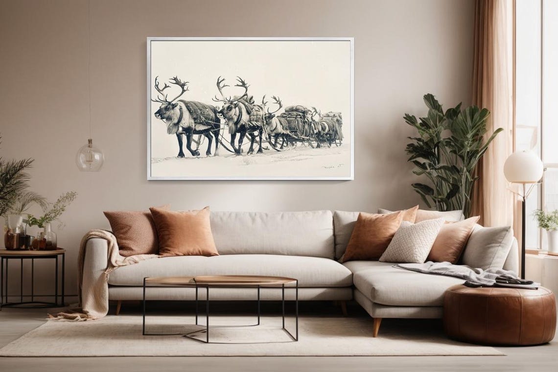 Reindeer Sledge Team Crossing Snowy Wilderness Sketch Art Poster - Image 2