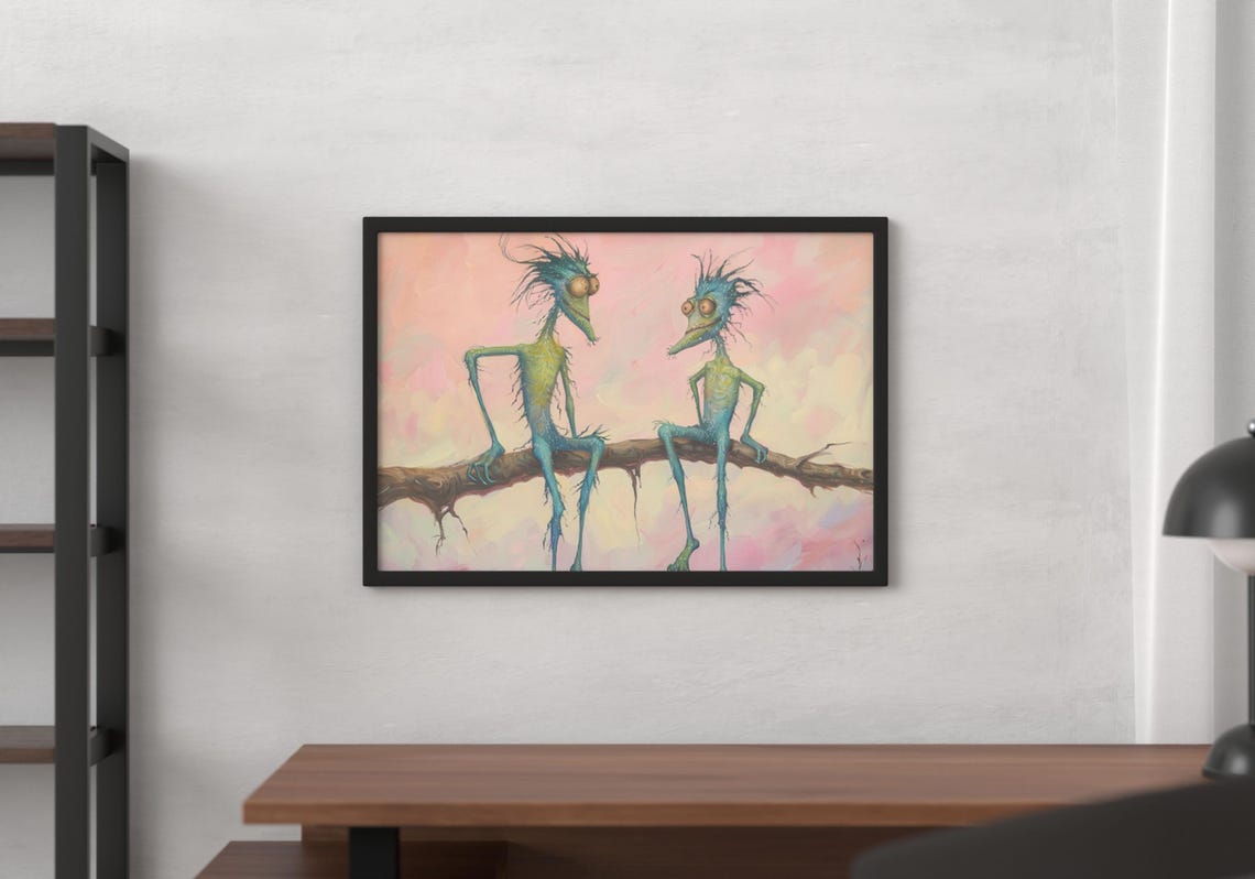 Lanky Whimsical Creatures Sitting on Branch Pastel Fantasy Poster - Image 2