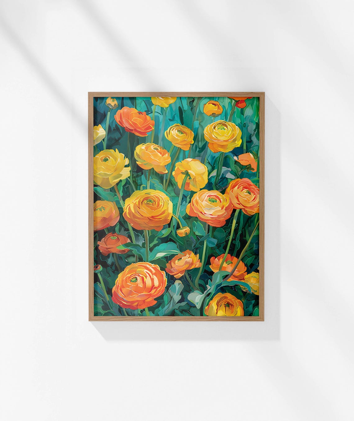 Vibrant Orange Buttercups Blooming Against Deep Teal Garden Poster
