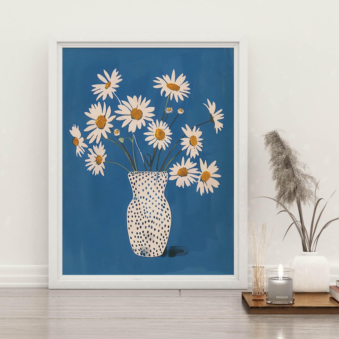 White Daisies in Spotted Vase on Cobalt Blue Modern Floral Poster