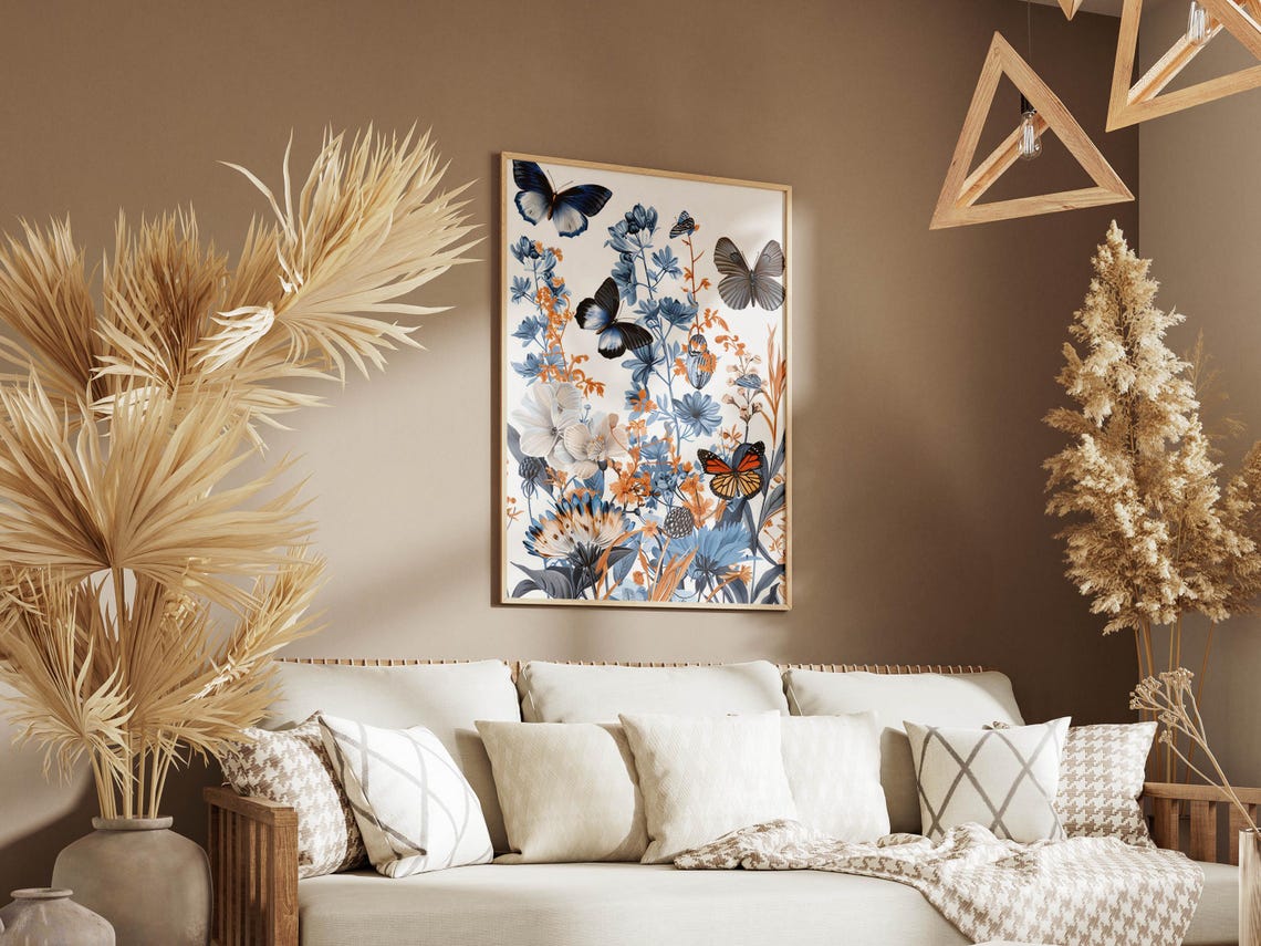 Blue and Orange Butterflies Dancing Among Wildflowers Poster - Image 3