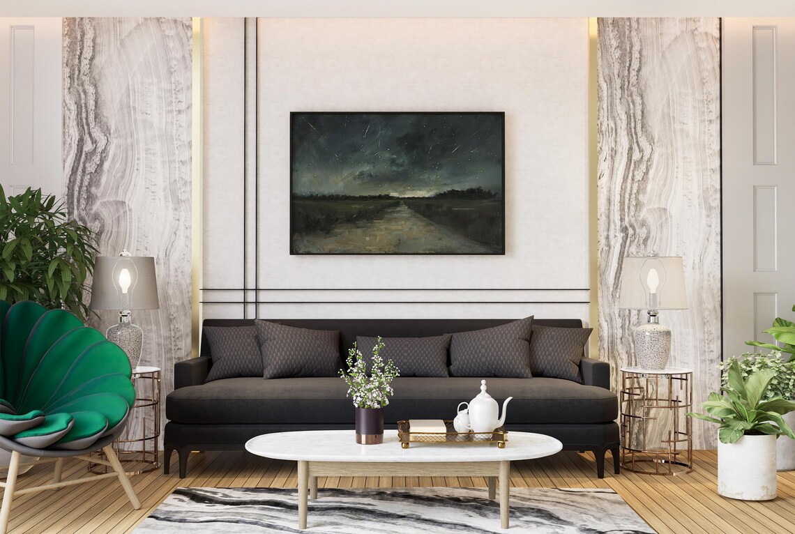 Meteor Shower Over Country Road Moody Night Sky Painting Poster - Image 5