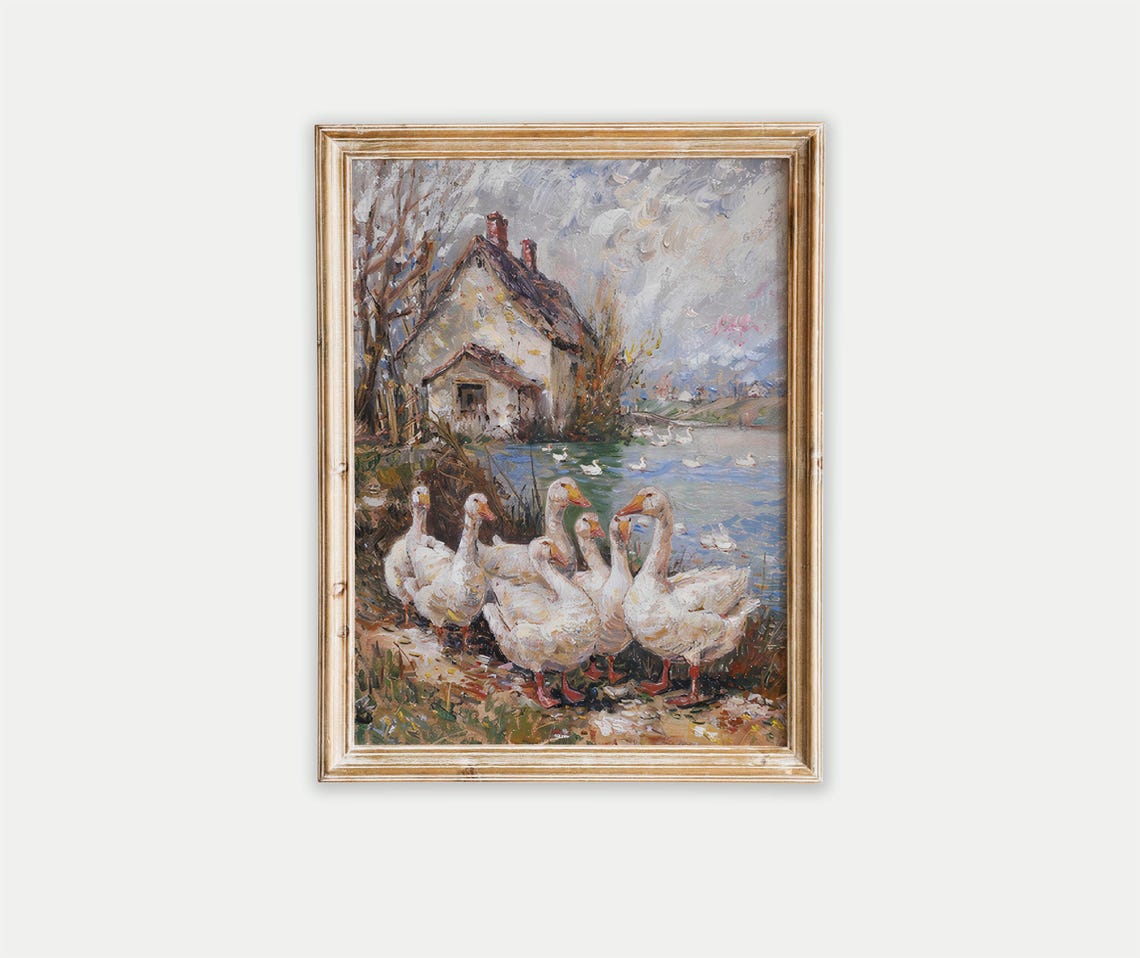 Flock of White Geese by a Cottage Pond in Impressionist Oil Poster