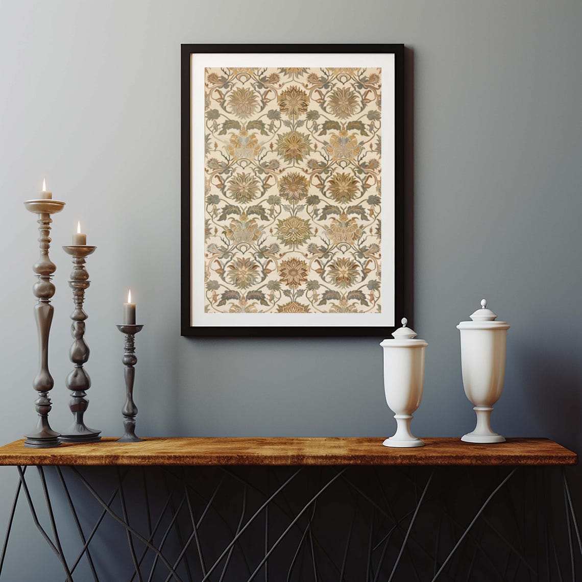 Sage and Olive Botanical Tapestry With Symmetrical Blooms Poster - Image 2