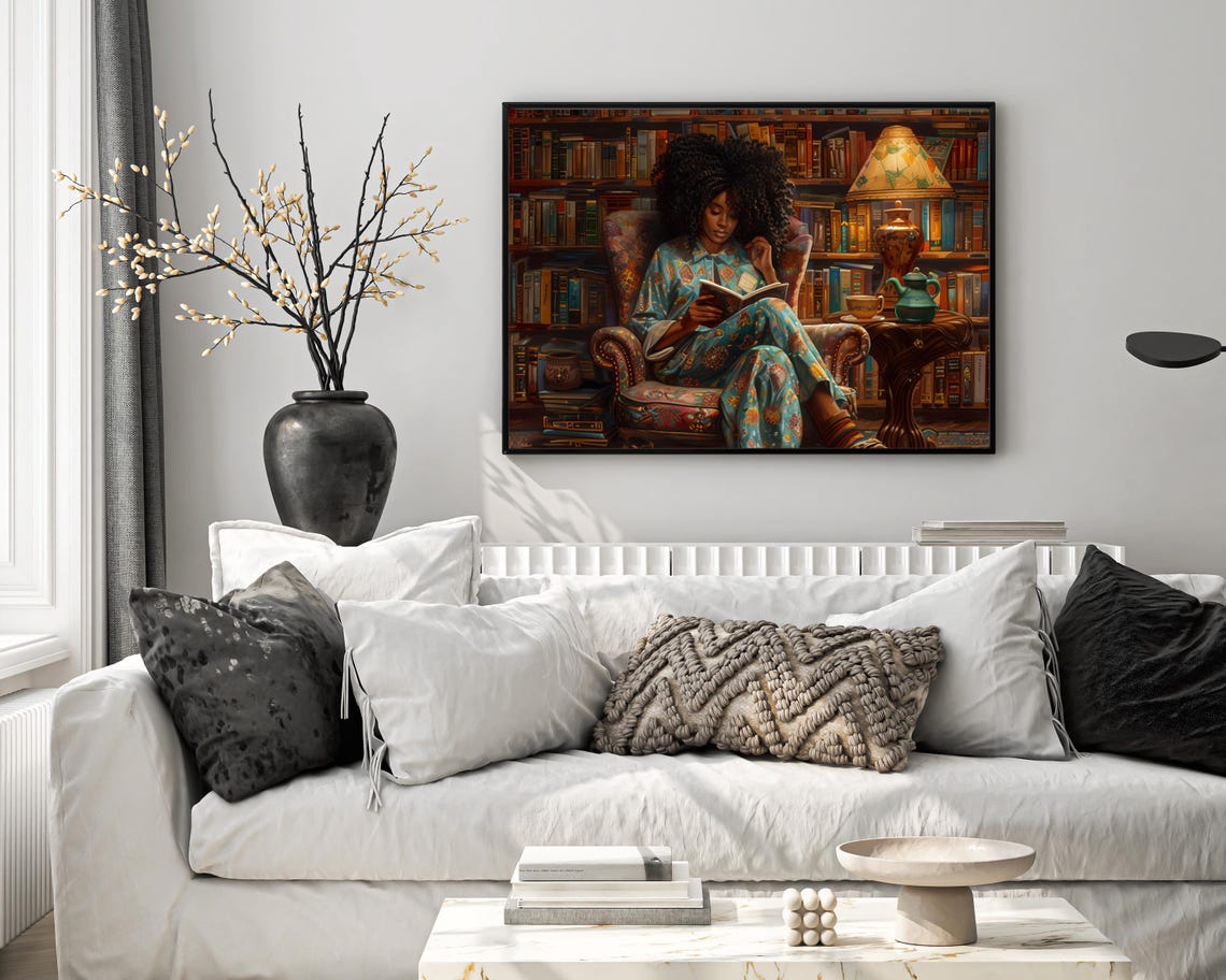 Woman Reading in Cozy Library Armchair Afrocentric Book Art Poster - Image 6