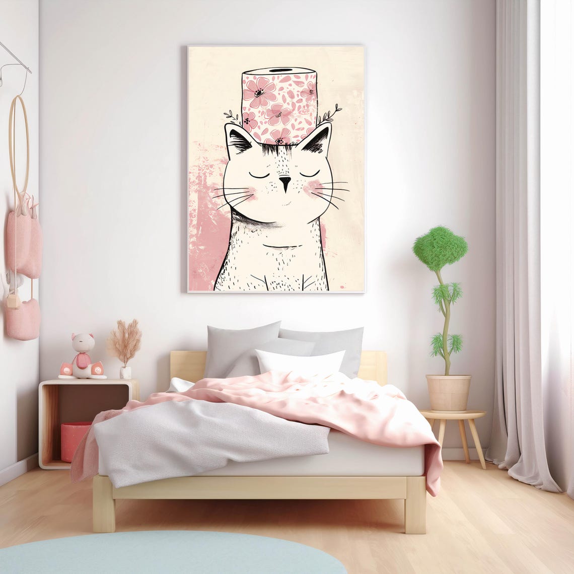 Whimsical Cat Wearing Pink Floral Hat Minimalist Line Art Poster - Image 6