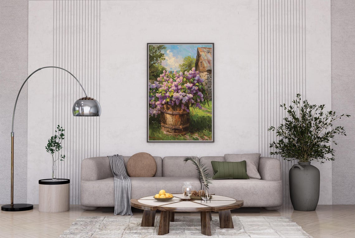 Lilac Blooms in Wooden Barrel by Stone Barn Oil Painting Poster - Image 4