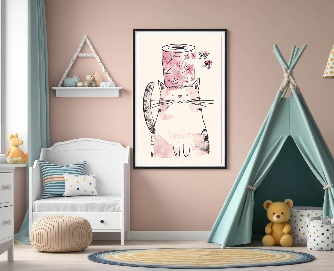Cute Cat Balancing Floral Paper Roll on Head Watercolor Art Poster - Image 2