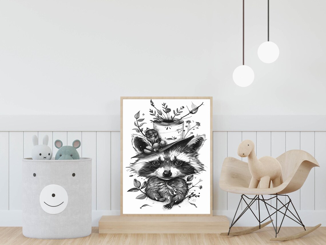 Cute Baby Raccoon with Woodland Hat Monochrome Whimsical Sketch Poster - Image 3