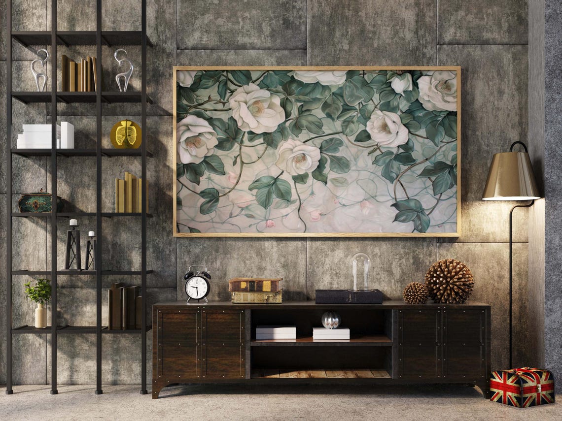 White Rose Vine Trailing Across Soft Sage Vintage Botanical Poster - Image 4