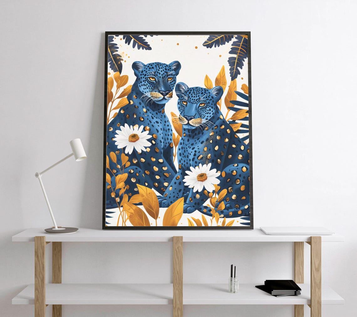 Two Dark Blue Leopards With White Daisies and Gold Leaves Poster - Image 6