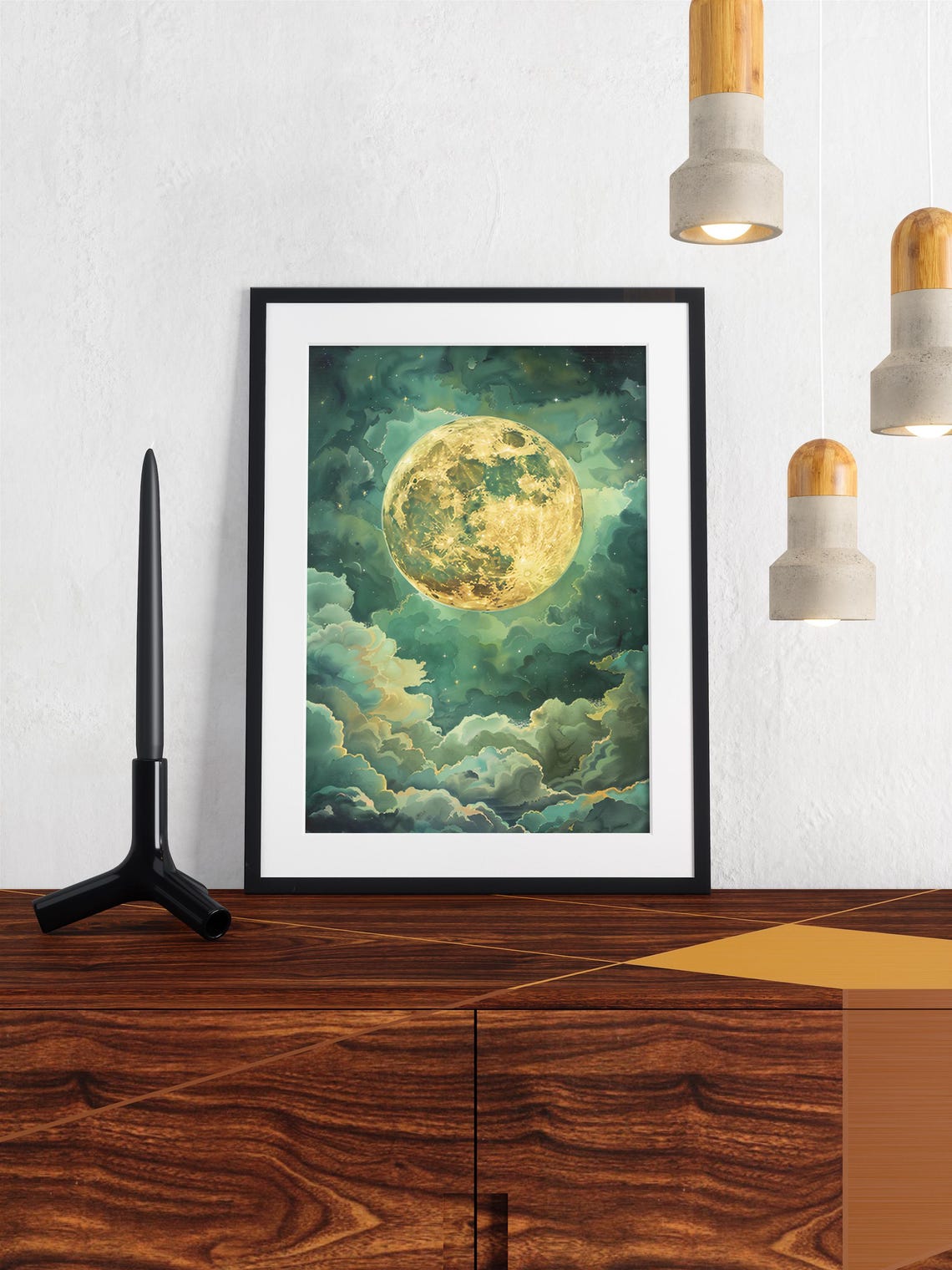 Golden Full Moon Glowing Through Teal Clouds Celestial Art Poster - Image 5