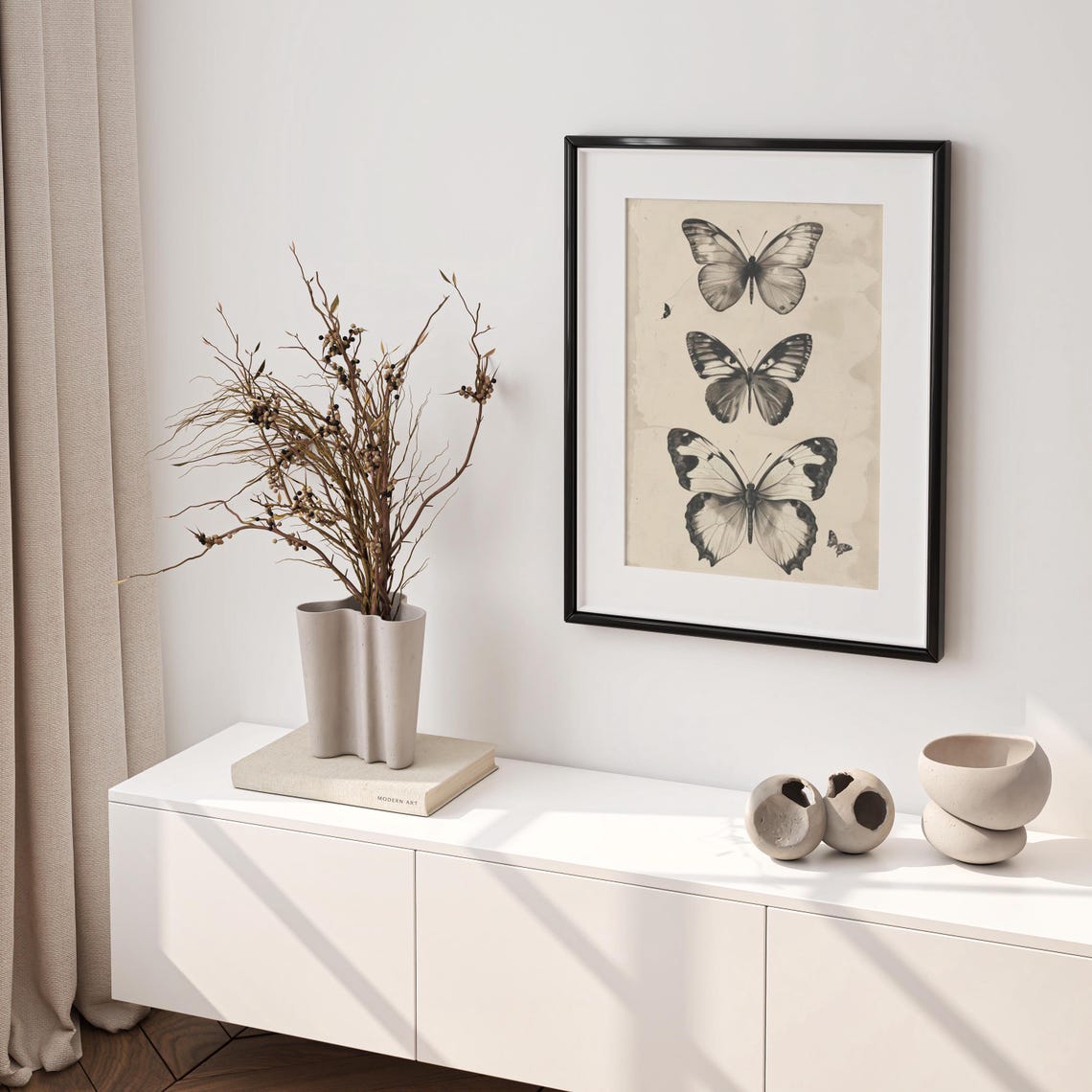 Three Vintage Butterflies Stacked Vertically on Aged Paper Poster - Image 2
